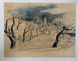 Sven Ekstedt (Swedish, 1894-1950), pastel and ink landscape drawing on paper. Signed in pencil to
