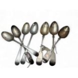 Seven George III/ Victorian silver serving spoons. Includes: two with marks for Charles Shipway,