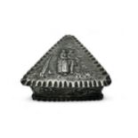 A Victorian triangular silver trinket box with repousse decoration. Marks for C.B , London 1887.