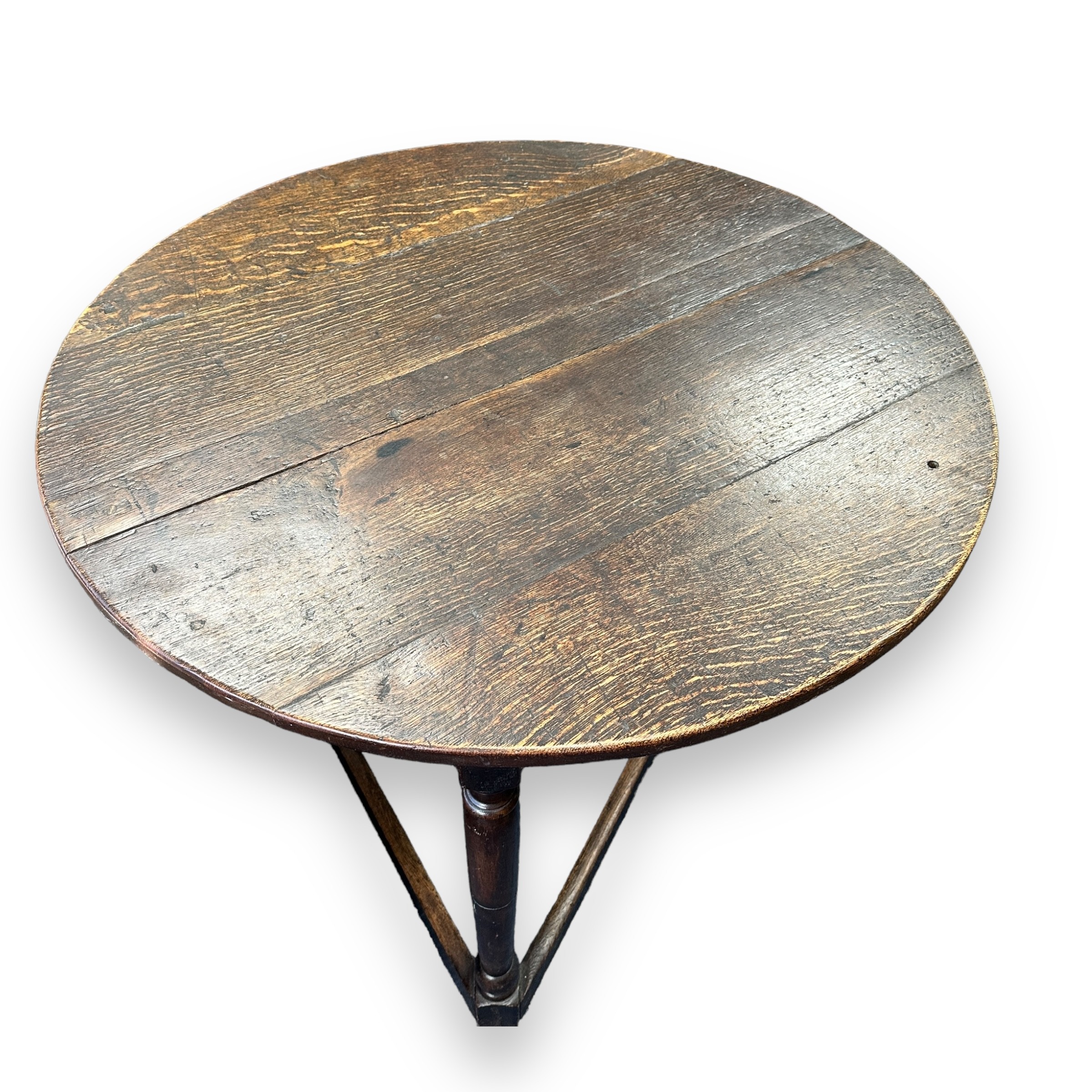18th Century oak cricket table, having a planked top on ring turned supports, united by low square - Image 2 of 4