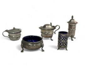 Five silver salts. To include a mustard pot and salt shaker by Thomas Samuel Osborn, Birmingham