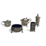 Five silver salts. To include a mustard pot and salt shaker by Thomas Samuel Osborn, Birmingham