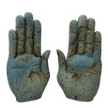 Contemporary pair of blue painted studio pottery hands, unsigned. Hollow internal. Good condition.