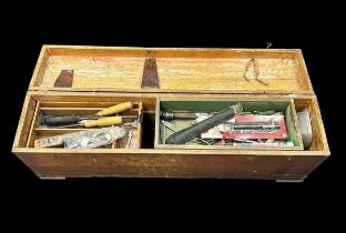 A collection of tools in a large pine box measuring 92cm x 21cm x 29cm, with Stanley plane, hand