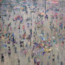 Karen Brighton (British, Contemporary), oil on canvas crowd scene (2011). Framed. Signed and dated