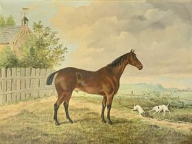 J Quinton (British, 19th Century), Stallion and dogs stood outside house, oil on canvas. Signed to