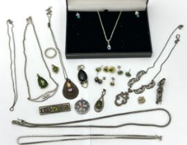 A collection of mostly gem set jewellery items, many stamped 925. Includes a marcasite necklace,