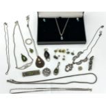 A collection of mostly gem set jewellery items, many stamped 925. Includes a marcasite necklace,