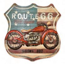 Route 66 1934 Indian motorcycle wooden sign, approx. size: H101cm x W99cm, generally excellent to