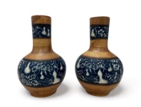 Pair of unusual Chinese vases with blue and white bands and imitation wood design, Qianlong mark.