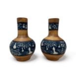 Pair of unusual Chinese vases with blue and white bands and imitation wood design, Qianlong mark.