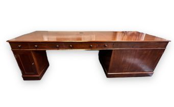 Large bespoke mahogany veneer side desk with large double cupboard and 3 drawers to the end and