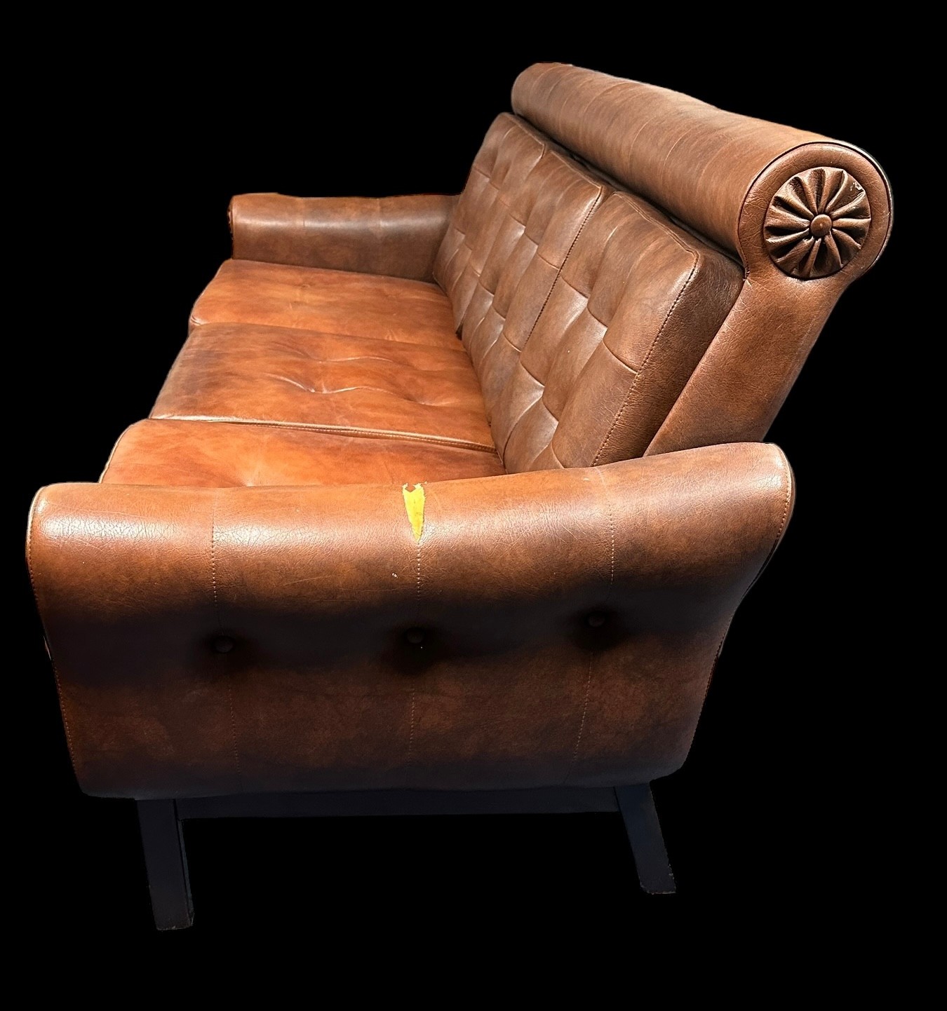 Scandinavian mid-century brown leather-style sofa, wooden frame with four wooden legs. Reversible - Image 2 of 4