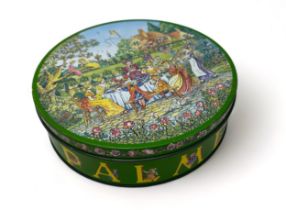 Huntley & Palmers 'rude' biscuit tin, decorated with a garden party and rude scenes hidden within