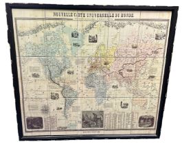 Framed Ceramic Tiled French Map of the World. French translation is "New Universal Map of the