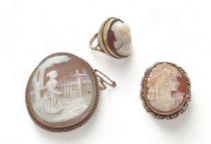 Three cameos. A hallmarked 9ct cameo brooch/ pendant depicting a lady in profile with a rope twist