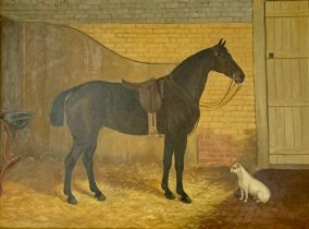 J Quinton (British, 19th Century), Stallion and dog in a stable, oil on canvas. Signed to lower