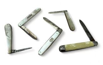 Five pocket knives, including four with mother of pearl handles, three of which have hallmarked