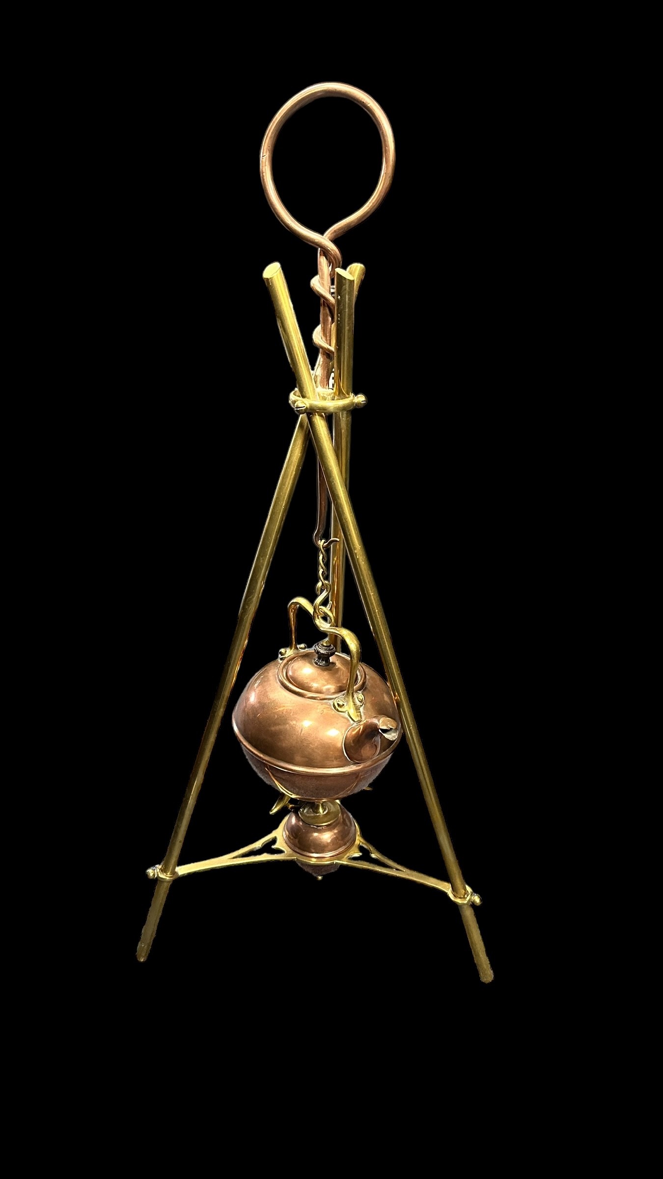 Arts and Crafts brass and copper hanging kettle, stood on three tripod legs. Unsigned. Height 70cm. - Image 2 of 4