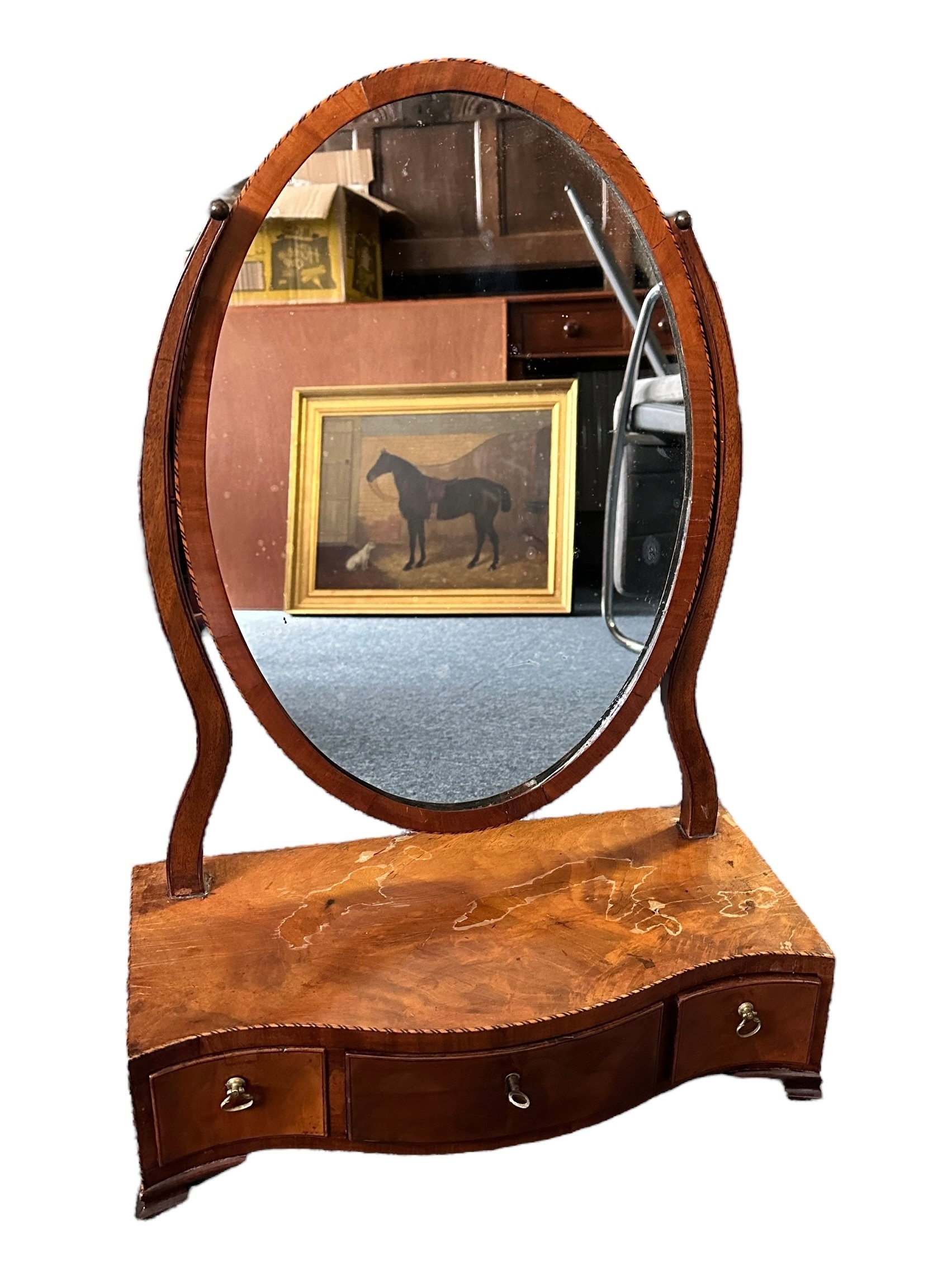 Late 18th Century serpentine fronted toilet mirror with 3 drawer base. 42 x 21 x 61cm.