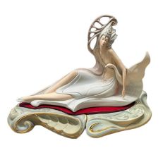 Galos, large impressive Grupo Galos reclining female nude and swan ceramic sculpture on base, two