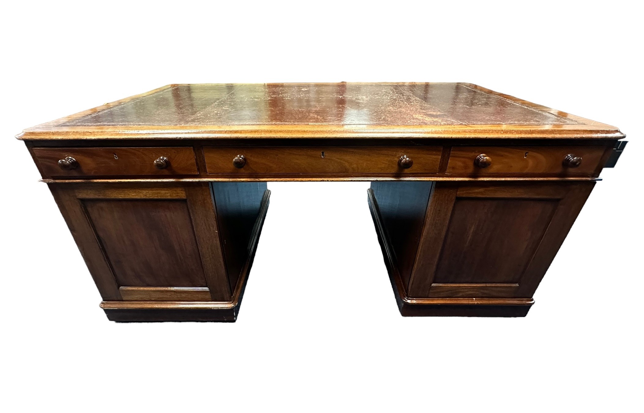 A Victorian double pedestal mahogany partners desk, circa 1860, with tooled red leather writing - Image 2 of 3