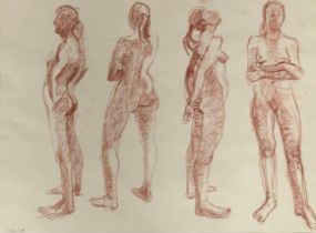 Sally Scott (British, b. 1939), red charcoal on paper sketch of the female form at four angles.