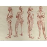 Sally Scott (British, b. 1939), red charcoal on paper sketch of the female form at four angles.