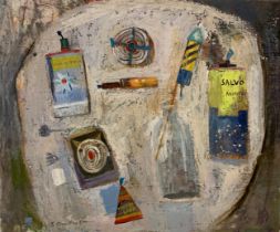 Simon Quadrat (British, b. 1946), oil on canvas contemporary still life. Signed lower left. Framed