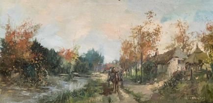 Theodorus van Oorschot (Dutch, 1910-1989), riverside oil on canvas landscape with horse and cart.