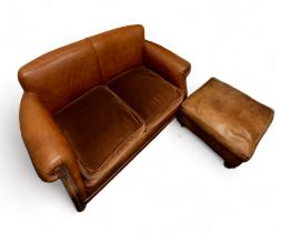 Tetrad Keats two seat club leather sofa and footstool, generally excellent, brown (Old Saddle