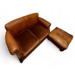 Tetrad Keats two seat club leather sofa and footstool, generally excellent, brown (Old Saddle