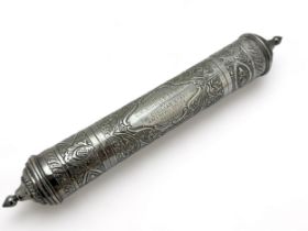 An unmarked Indian scroll case inscribed 'Presented to Captain C.J. Nicoll D.S.C.,R.I.N., By The