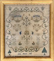 Early 19th Century embroidered sampler by Ann Wand 1831, courtyard style design with floral and tree