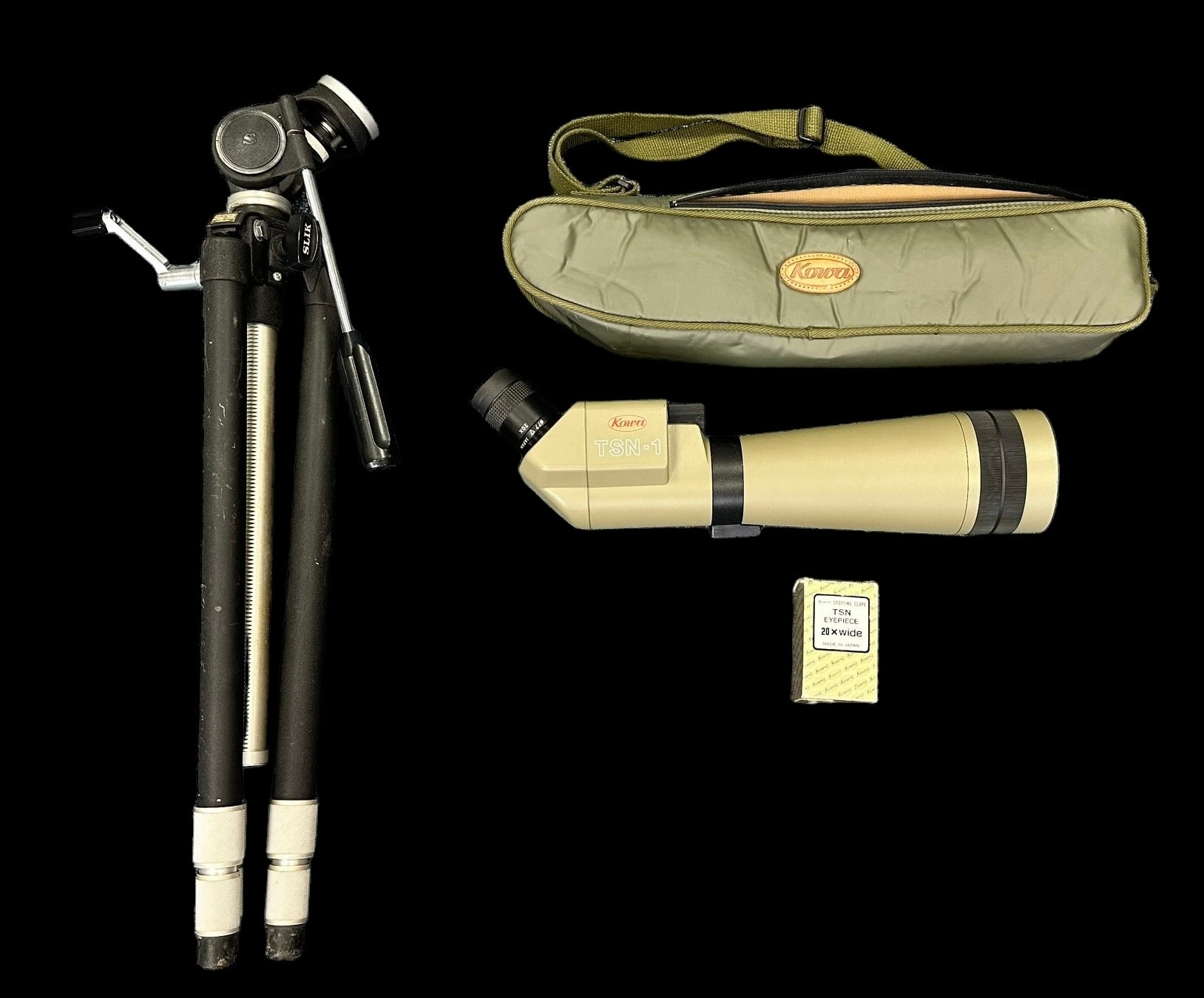 A Kowa TSN-1 Spotting Scope, with 60x eyepiece and TSN 20x eyepiece. In Kowa zip up case with