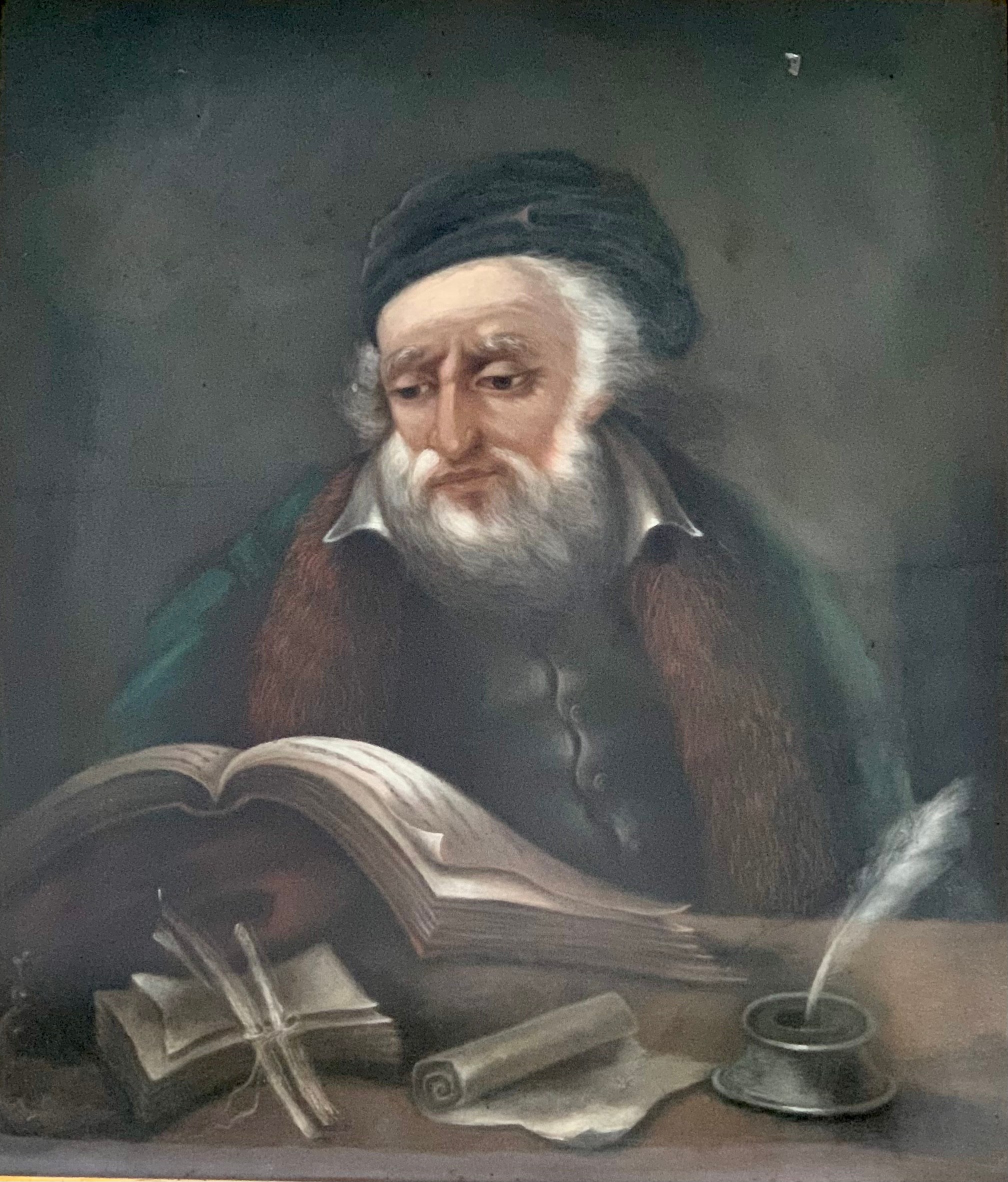 19th / 20th Century pastel on paper drawing of a scholar reading at a desk, a bearded man with white