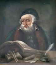 19th / 20th Century pastel on paper drawing of a scholar reading at a desk, a bearded man with white