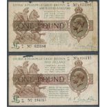 Warren-Fisher Treasury note pair of one pound (£1) notes with 1923 (6 Feb) N1/39 194715 and 1927 (25