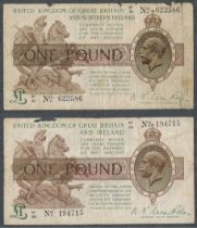 Warren-Fisher Treasury note pair of one pound (£1) notes with 1923 (6 Feb) N1/39 194715 and 1927 (25