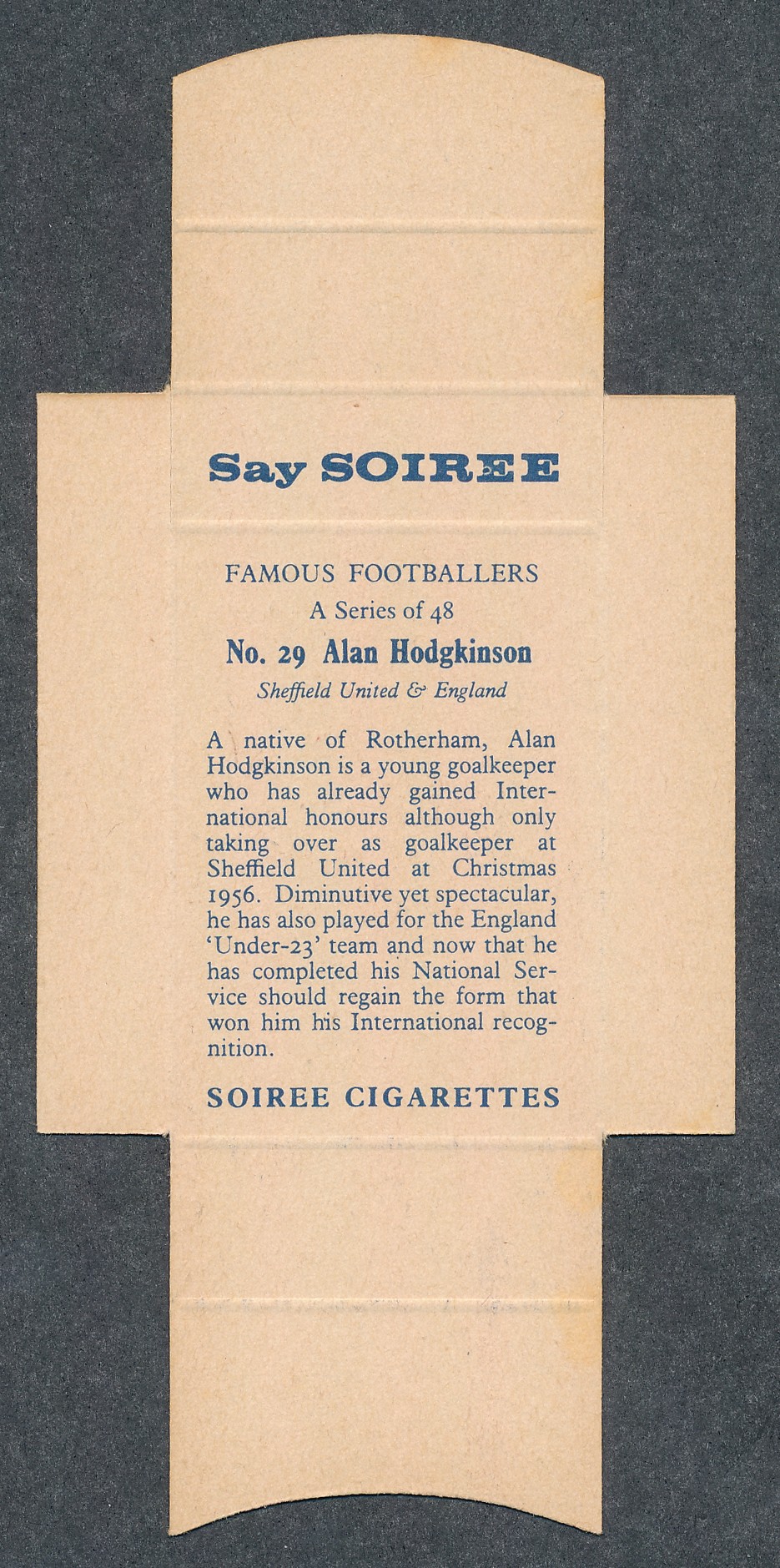 Soiree Cigarettes, Mauritius, Famous Footballers uncut packet issue, No.29 Alan Hodgkinson, - Image 2 of 2