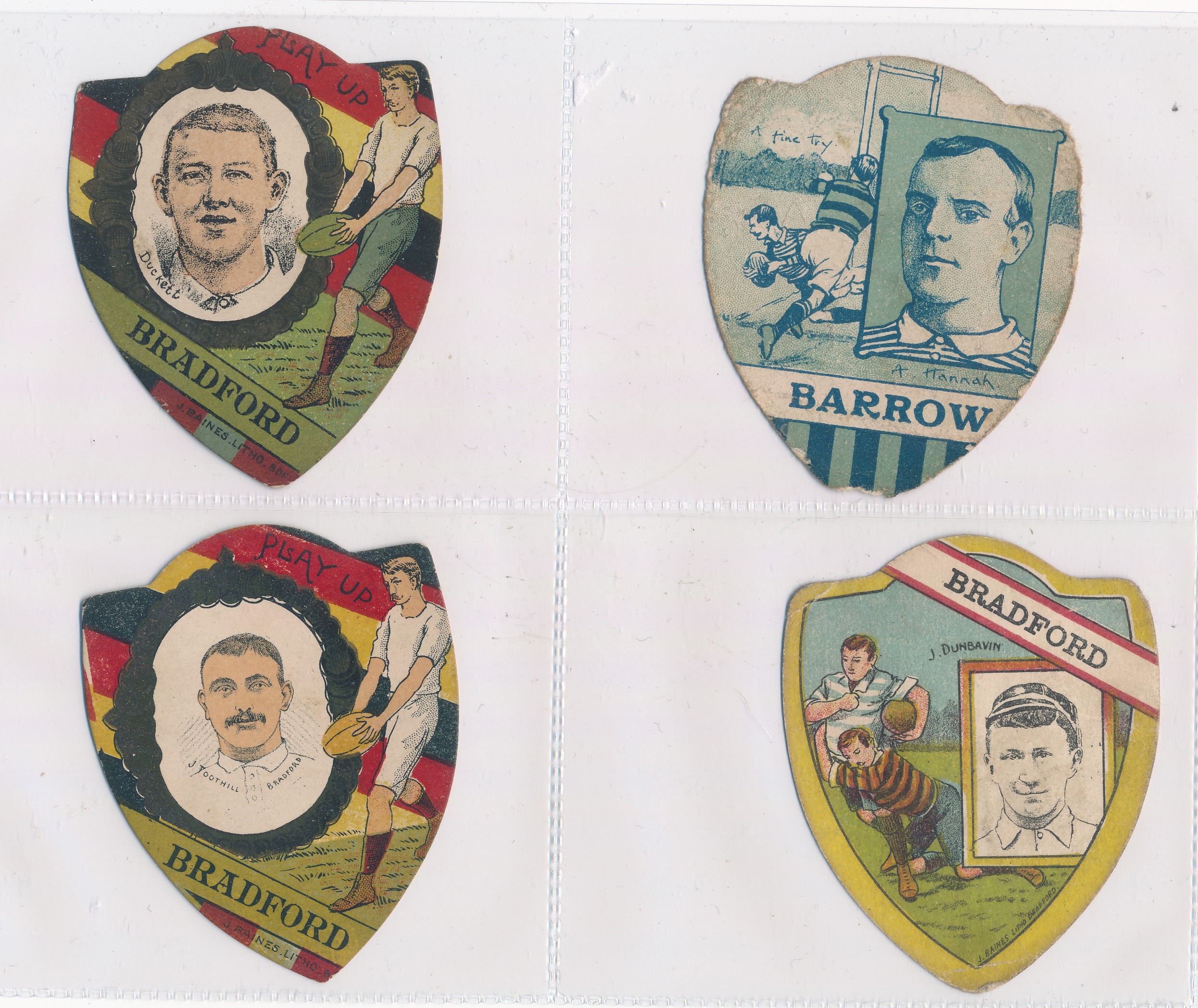 Baines trade cards, Shield shaped Football and Rugby cards (11), with Football - Monte, Bernard,