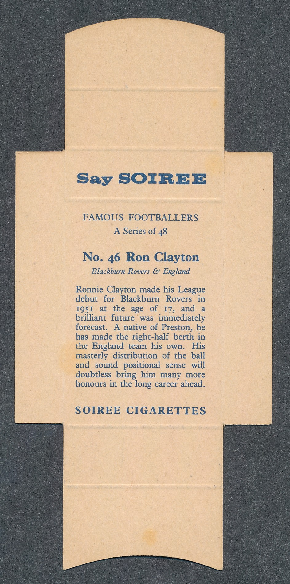 Soiree Cigarettes, Mauritius, Famous Footballers uncut packet issue, No.46 Ron Clayton, Blackburn - Image 2 of 2