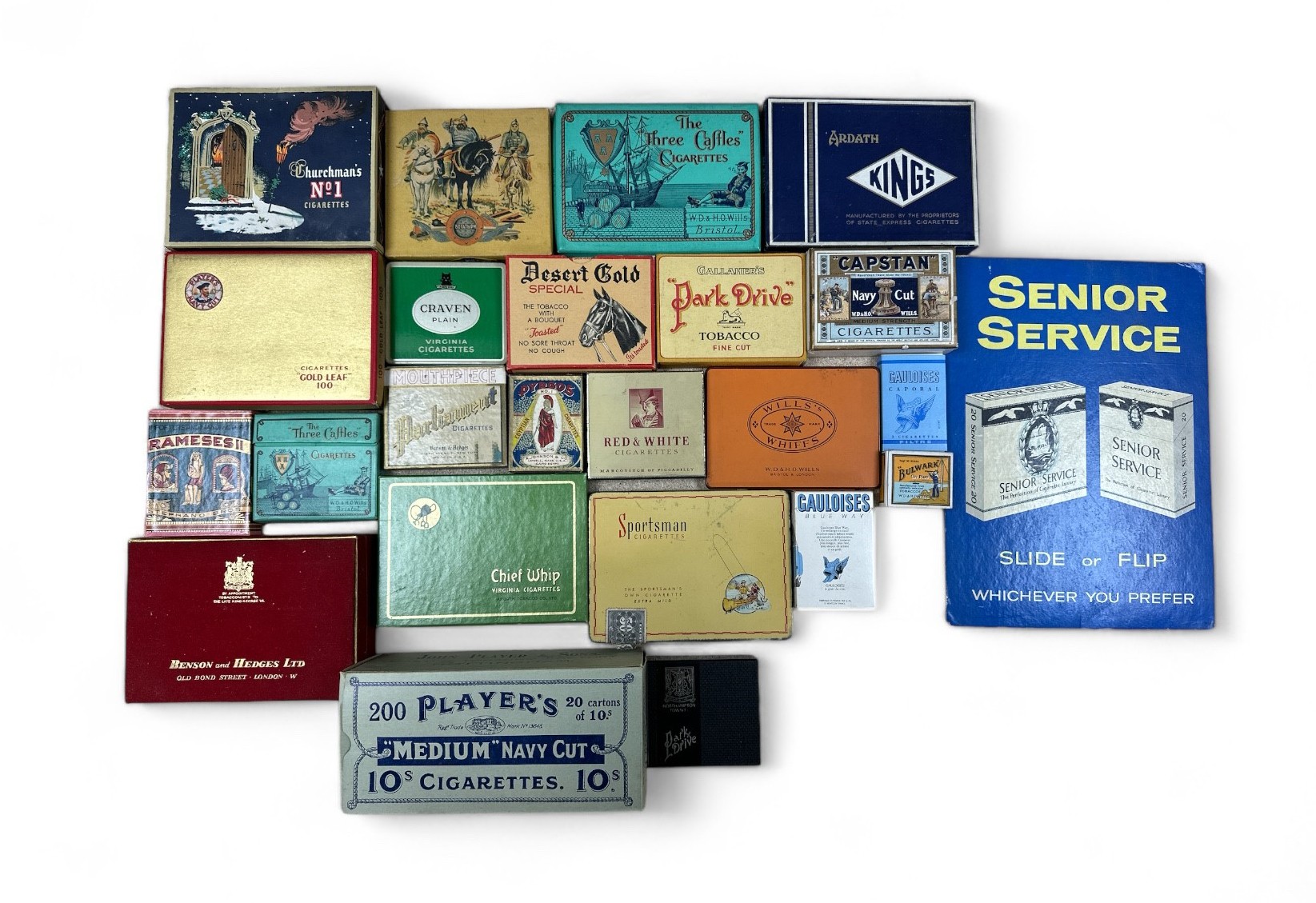 Quantity Empty Cigarette Packets, Tins, Boxes to include: Three Castles 50, Ardath Chief Whip 50,