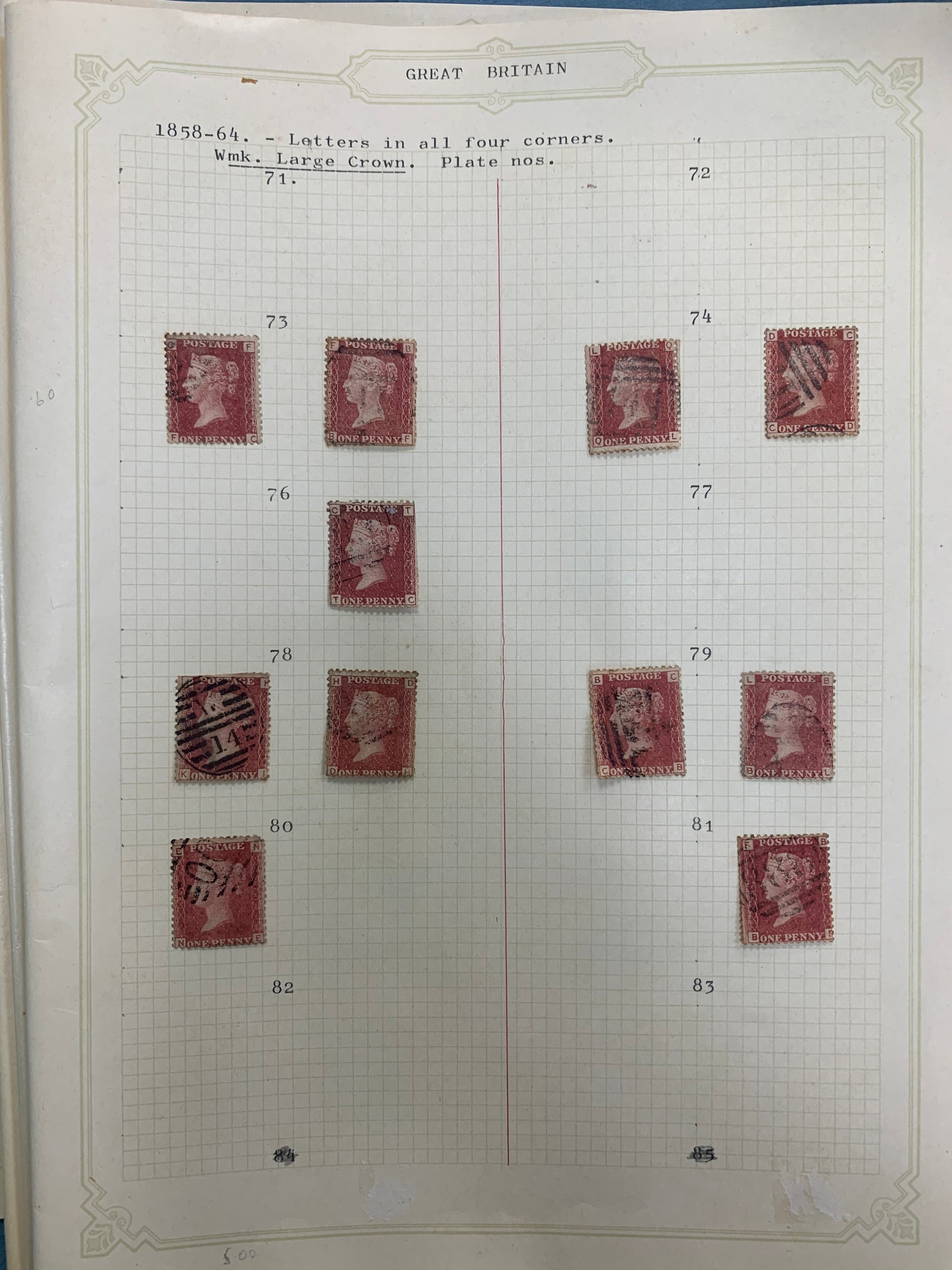 Great Britain, 1858-64 annotated and well-laid out collection of 1d Penny Reds FU from plate 73 to