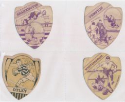Baines trade cards, Shield shaped Rugby cards (8), with Prestwich, Barrow, Newport, Dewsbury,