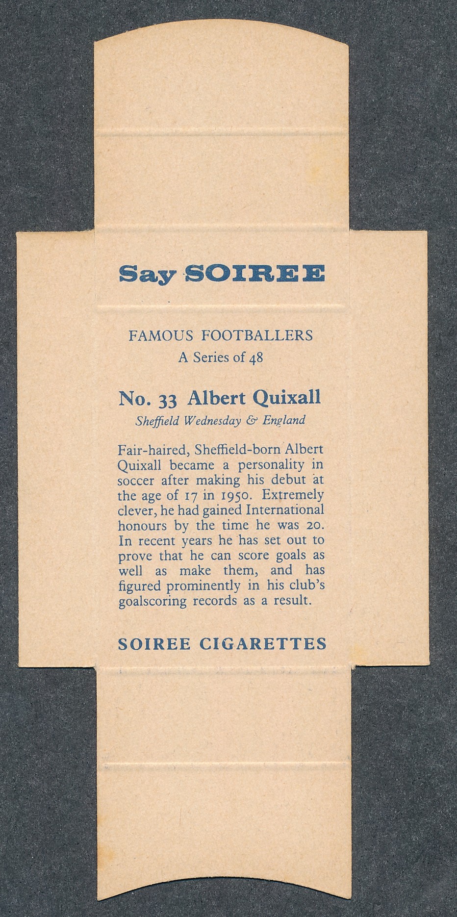 Soiree Cigarettes, Mauritius, Famous Footballers uncut packet issue, No.33 Albert Quixall, Sheffield - Image 2 of 2