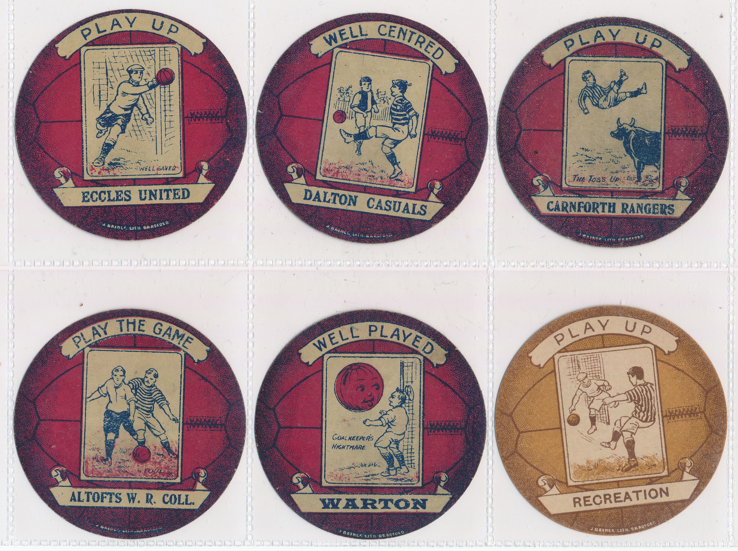 Baines trade cards, circular football shaped (10) with Eccles United, Dalton Casuals, Carnforth