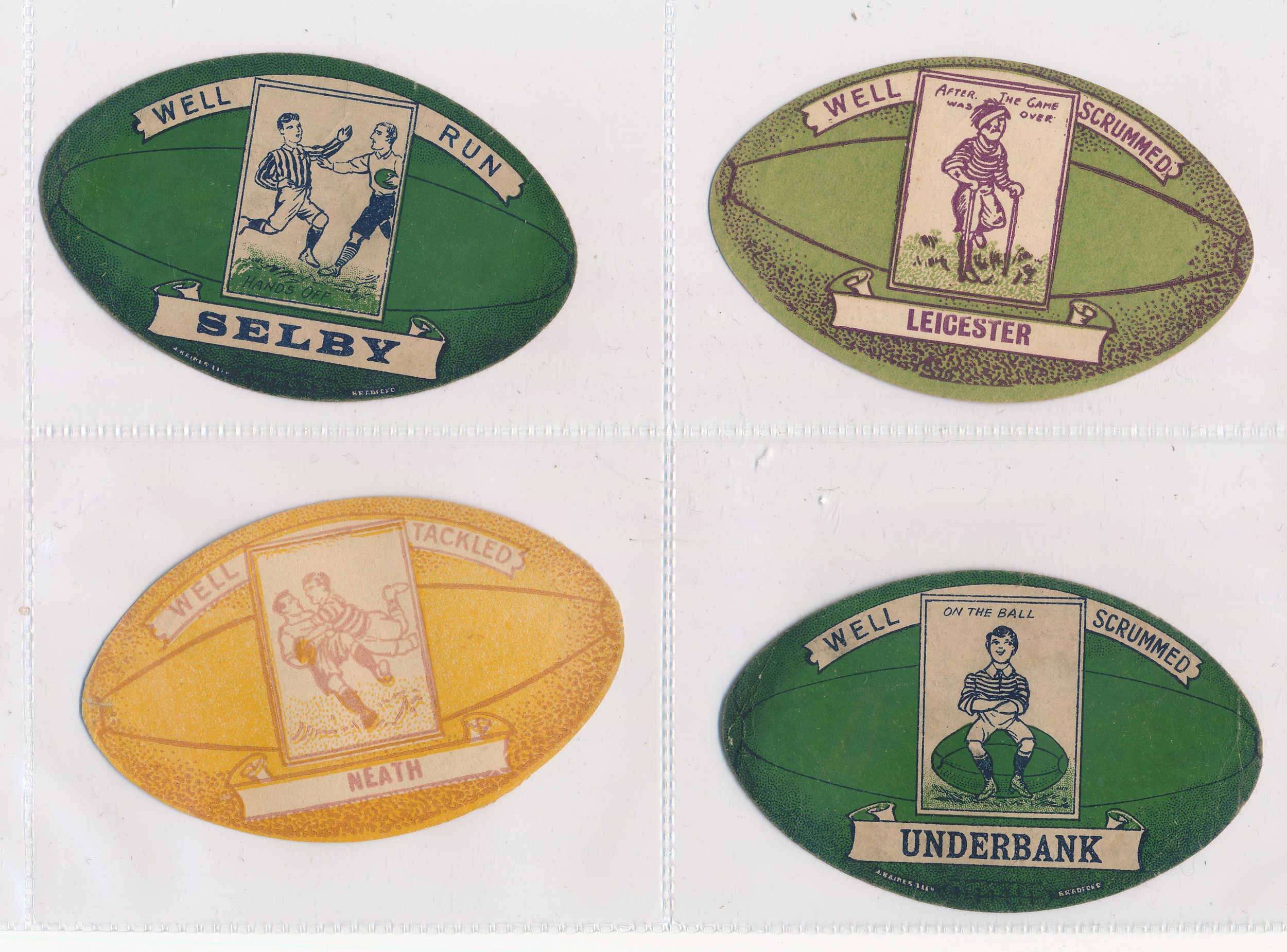 Baines trade cards, Rugby ball and Football shaped (8), with Rugby Ball shaped Selby, Leicester,