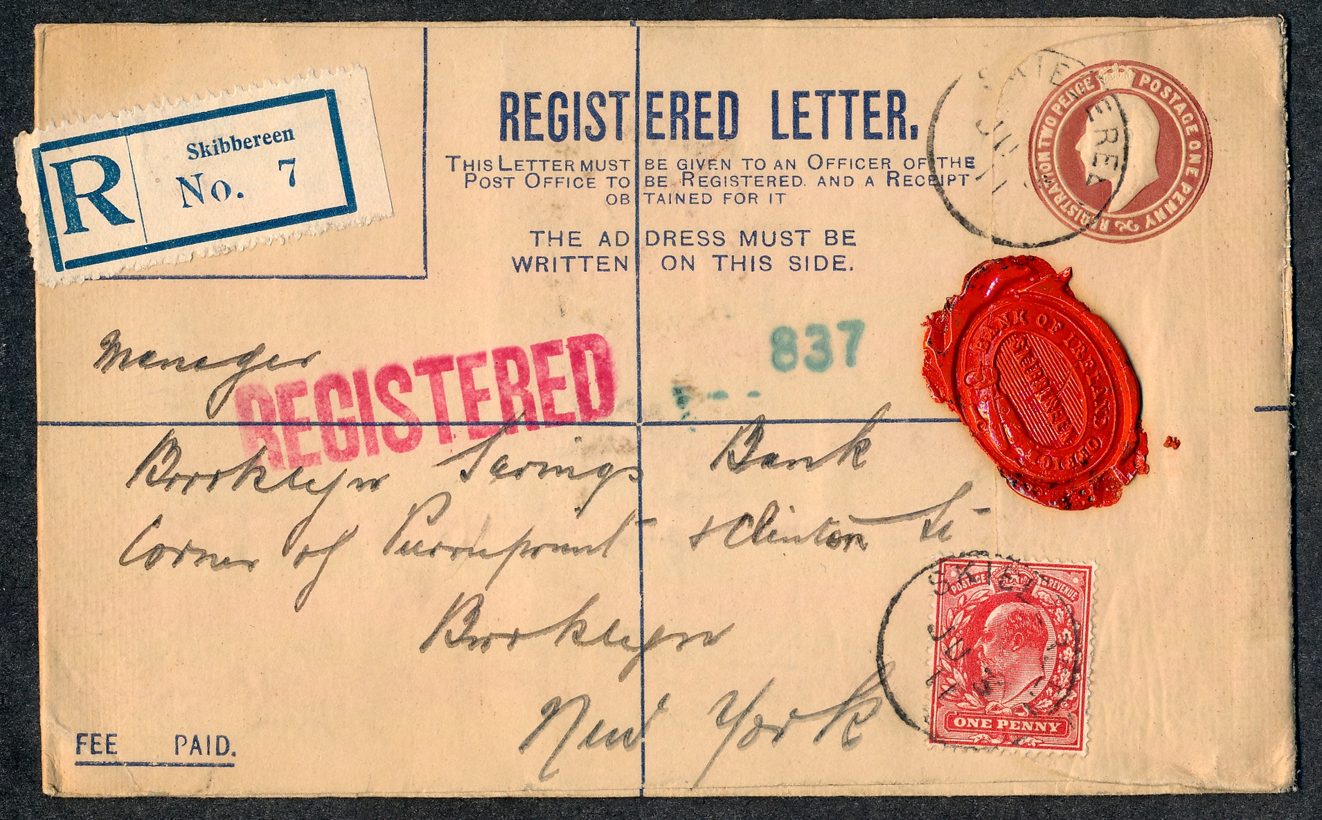 Ireland, 1911 (3 June) KEVII 3d brown Registered envelope from Skibbereen to New York, with Cork and