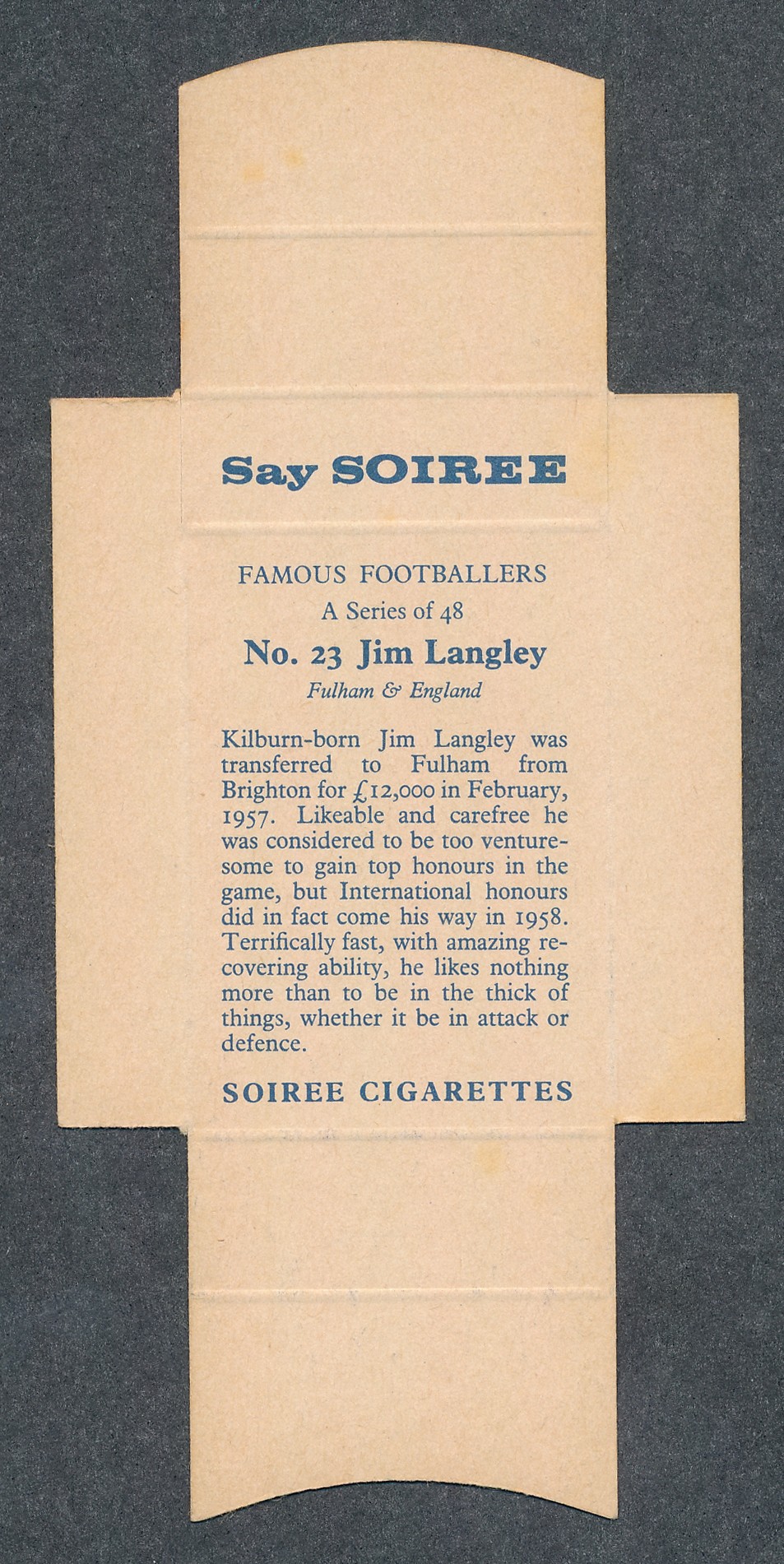 Soiree Cigarettes, Mauritius, Famous Footballers uncut packet issue, No.23 Jim Langley, Fulham & - Image 2 of 2